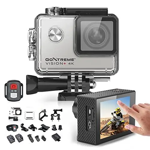 Produktbild: GoXtreme Vision+ 4K Ultra HD Action Cam, 4K@30fps, 5cm (2,0 Zoll) Touchscreen, 170° Weitwinkel, wasserfest bis 30m, 12MP Sensor, Silber