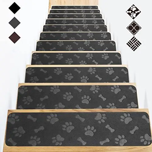 Produktbild: GOYLSER Treppenmatten für Holztreppe,Anti-Rutsch-sichere Treppen-Teppich Tritte mit doppeltem selbstklebenden für Älteste,Kind,Haustiere(76 * 20cm 15pack Schwarz Hundepfote)
