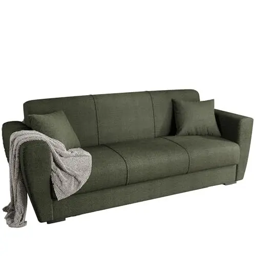 Produktbild: Gozos Palamos Sitzgruppe 3 Sitzer Sofa | Bettfunktion Couch besteht aus Leinenoptikstoff | Wohnzimmermöbel Dekorative und Comfortable Sofa mit Schlaffunktion und Holzbein | 221 x 85 x 86 cm | Grün