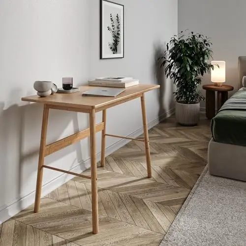 Produktbild: Gozos Pruna Massivholz Schreibtisch aus Bambus, Kleiner Computertisch, Homeoffice, Bürotisch, für Arbeitszimmer, Wohnzimmer, stabil, platzsparend, einfacher Aufbau, 105 x 55 x 75 cm