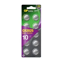 Produktbild: GP Extra Lithium Knopfzellen CR2025 3V | 10 Stück 2025 Knopfzelle (DL2025, CR 2025, ECR2025) | CR2025 Batterien Knopfzellen, 3 Volt Spannung, kindersichere Verpackung
