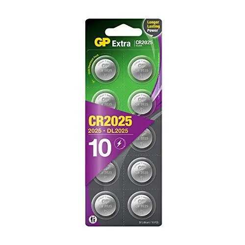 Produktbild: GP Extra Lithium Knopfzellen CR2025 3V | 10 Stück 2025 Knopfzelle (DL2025, CR 2025, ECR2025) | CR2025 Batterien Knopfzellen, 3 Volt Spannung, kindersichere Verpackung