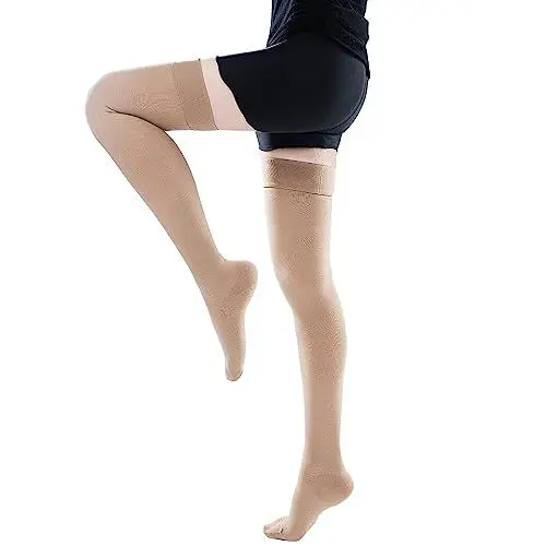 Produktbild: GPAR PREMIUM Medizinische Kompressionsstrümpfe Klasse 2, Unisex, 23-32 mmHG, Zehengeschlossene Schenkelhohe Strümpfe bei Krampfadern, Ödemen, Beinschmerzen, Thrombosen (BEIGE, S)