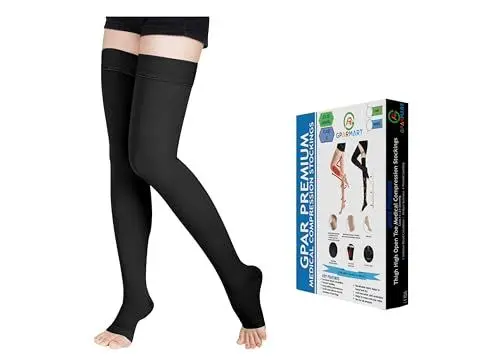 Produktbild: GPAR PREMIUM Medizinische Kompressionsstrümpfe Offener Zeh, Klasse 2, 23-32 mmHG, Für Krampfadern, Ödeme, Beinschmerzen, geschwollene Füße, Besenreiser - Unisex (BLACK, S)