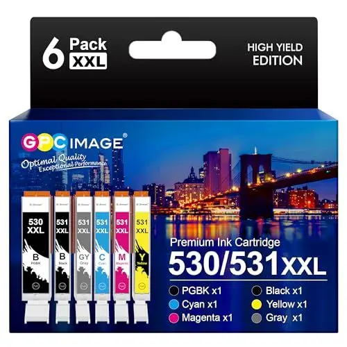 Produktbild: GPC IMAGE 530 531 XXL TS8750 Patronen Kompatible für Canon PIXMA TS8750 BK PIXMA TS8751 WH Druckerpatronen PGI530 CLI531 PGI-530PGBK CLI-531 (6er-Pack, Grau PGBK Schwarz Cyan Magenta Gelb)