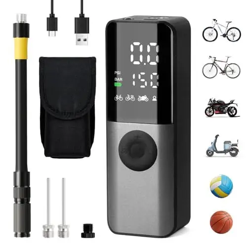 Produktbild: GPUTEK Elektrische Fahrradpumpe, Mini Fahrradpumpe 150PSI mit Digitales Druckmessgerät, Fahrradpumpen Elektrisch Aufladbar mit Ventilzubehör für Rennrad, Mountainbike, E-Bike, Motorrad