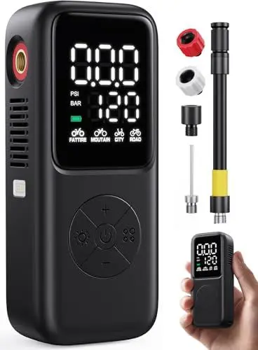 Produktbild: GPUTEK Mini Fahrradpumpe Elektrisch, 120 PSI mit Manometer und 5 voreingestellten Modi für Schrader- und Presta-Ventil Fahrrad-Reifenpumpe für Straße, Berg, Stadt Fahrrad und fette Reifen