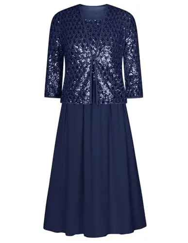Produktbild: GRACE KARIN 2024 Damen Midi Abendkleid Luxuriöses Glitzter Pailletten Kleid mit Bolero Hebst Winter Casual Plus-Size-Kleid Dunkelblau S