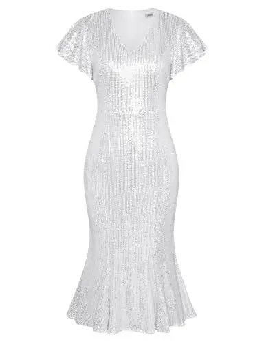 Produktbild: Cocktailkleid Damen Elegant für Hochzeit Etuikleid Damen Festlich V-Ausschnitt Strandkleid S Silber-2
