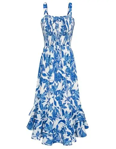 Produktbild: GRACE KARIN Abschlusskleid Damen Blumenkleid Casual Freizeitkleid Böhmisch Maxikleid Strandkleider Ärmellos Cocktailkleid 2XL Weiß-Blaue Blume