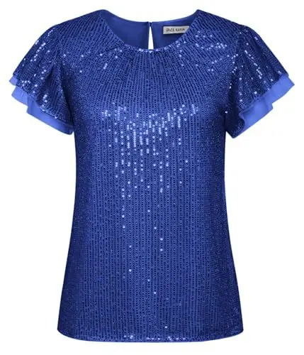 Produktbild: GRACE KARIN Bluse Damen Kurzarm Glitzer Bluse Party Pailletten Shirt Elegant Rundhals M Blau-10