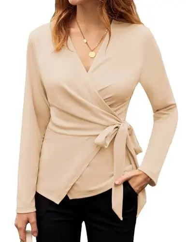 Produktbild: GRACE KARIN Bluse Tunika Damen Elegant V-Ausschnitt Langarm Wickelbluse Business Lässig Oberteil XXL Aprikose