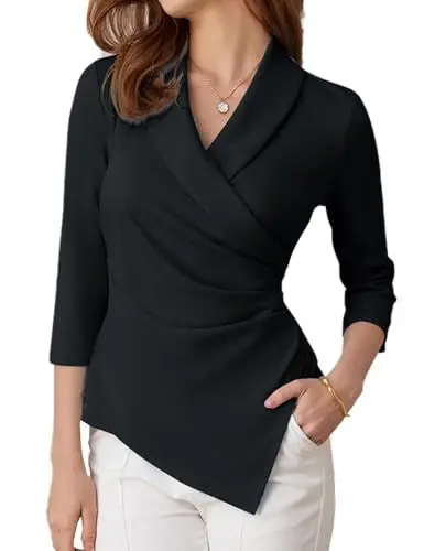 Produktbild: GRACE KARIN Wickelbluse Damen Festlich 3/4 Arm Formal Business Bluse Damen Elegant Gothic Oberteile XL Schwarz -2