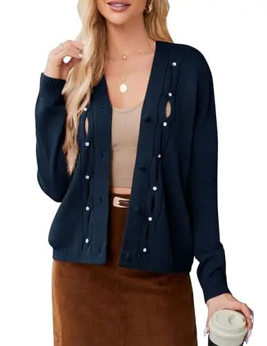Produktbild: GRACE KARIN Damen Strickjacke Festlich Weihnacht Cardigan Damen Elegant Damen Kurzjacke mit Knopf XXL Blau -3