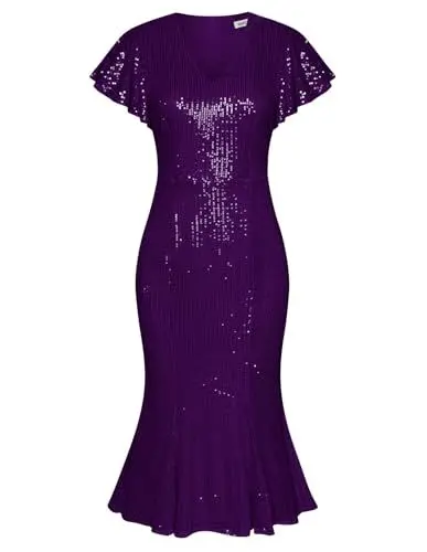 Produktbild: GRACE KARIN Cocktailkleid Damen Glitzer Kurzarm Rüschen Paillettenkleid Damen Elegant mit Gürtel Ballkleid Plisseekleid L Dunkelviolett-7