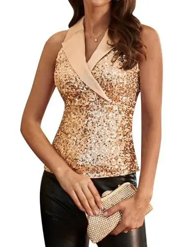 Produktbild: GRACE KARIN Damen Pailletten Party Tops Ärmellos Reverskragen Überwurf V-Ausschnitt Tops Glitzer Funkelnd Übergröße Übergroße Bluse Gold-Pailletten M