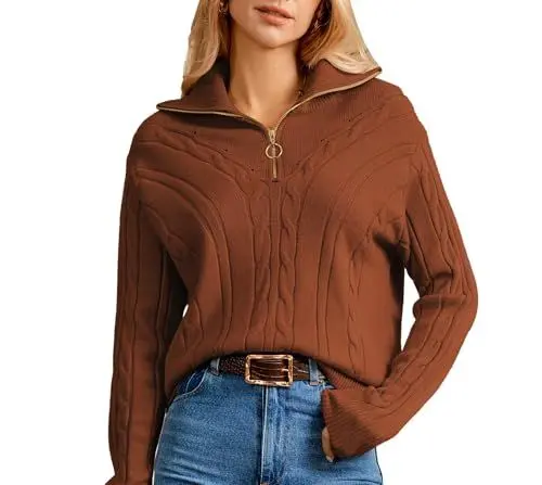 Produktbild: GRACE KARIN Damen-Pullover mit Langen Ärmeln und Viertelreißverschluss Lässig Modisch mit Reverskragen Braun XL