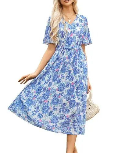 Produktbild: Damen Elegant Swing Midikleid in A-Linie Freizeitkleid Retro Blumenmuster Sommerkleid V-Ausschnitt Leicht Abendkleid Hochzeit Blau XL