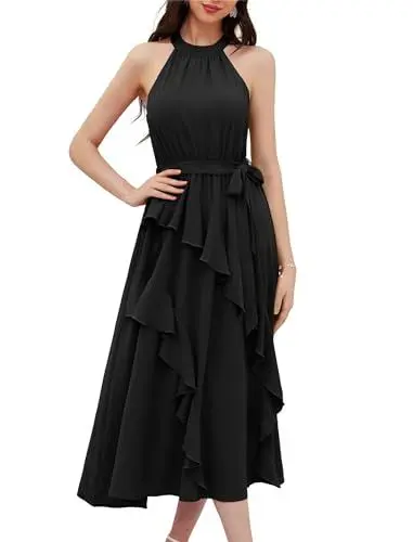 Produktbild: GRACE KARIN Damen Einfarbiges Freizeitkleid Elagnt Neckholder Hochzeitsgast Kleid Frauen Sommer Maxikleid mit Rüschen Saum Schwarz L