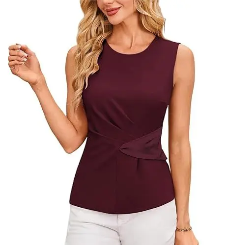Produktbild: GRACE KARIN Damen 2025 Sommer Top Ärmellose Slim Fit Tunika Elegant Einfarbig Wickelbluse Leichte Business Büro Bluse Dunkelrot L