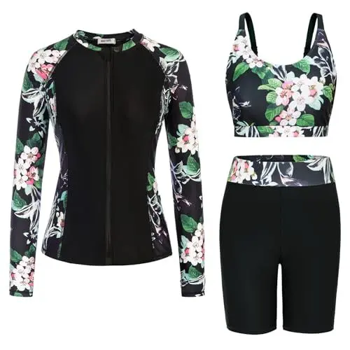 Produktbild: GRACE KARIN Damen 3 Teiliger Badeanzug Party Club Surfen Langarm Bathing Suits Plus Size Sportlicher Badeanzug mit Spaghettiträger Blumen auf Schwarz S