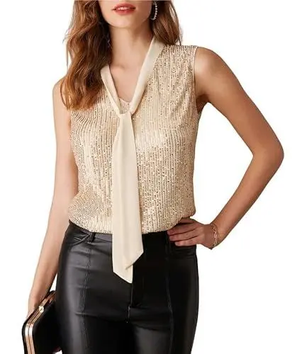 Produktbild: Damen Festliche Pailletten Bluse Slim Fitted Vest V-Ausschnitt Elegante Chiffon Top Cocktail Party Oberteile Gold L