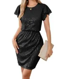 Produktbild: GRACE KARIN Damen Bleistiftkleid Glitzernd Paillettenkleid Rüschen Partykleider Schwarz L