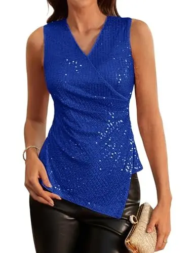 Produktbild: GRACE KARIN Damen Bluse Glitzer V-Ausschnitt Ärmellos Wickelbluse Damen Elegant Hochzeit Bluse XL Saphirblau-6