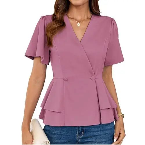 Produktbild: Sommerbluse Damen V Ausschnitt Oberteil Kurzarm Elegant Wickelbluse Business T Shirt XL Rosa -10