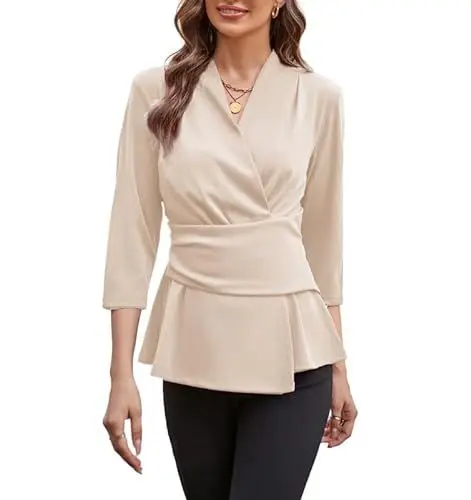 Produktbild: GRACE KARIN Damen Bluse Weiß V-Ausschnitt Elegant Tops 3/4 Ärmel Wickelbluse Slim Fit Business Outfit Aprikose L