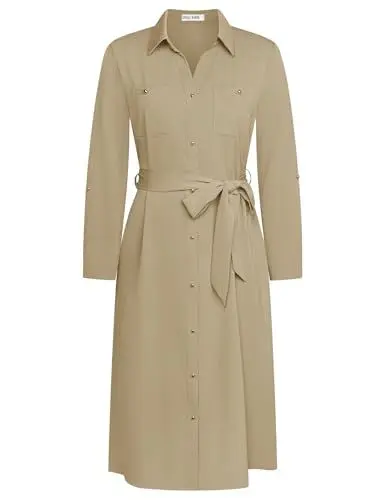 Produktbild: GRACE KARIN Damen Blusenkleid Knielang Langarm Herbstkleid Lässiges Businesskleid Partykleid Hemdkleid Khaki M