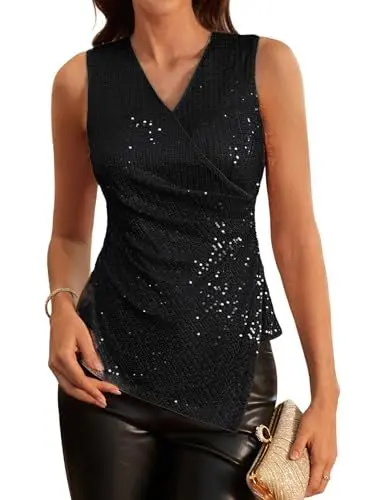 Produktbild: GRACE KARIN Damen Blusenshirt Festlich Pailletten Oberteile Ärmellos Top Damen V Ausschnitt S Schwarz-2
