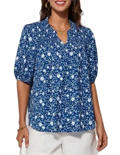Produktbild: GRACE KARIN Damen Boho Bluse Festlich Oberteile Elegant Tunikablusen Business Outfits Chiffon Tops S Blau
