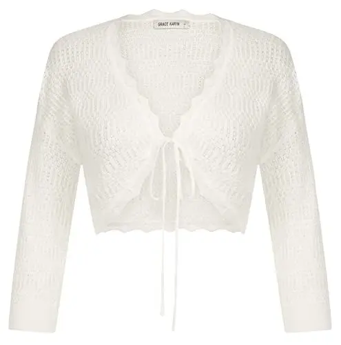 Produktbild: GRACE KARIN Damen 3/4 Ärmel Leichter Open Front Strickjacke Bolero Cropped Cardigan Kurz Shrug Bolero für Kleider Tops M Weiss CL1887S23-01
