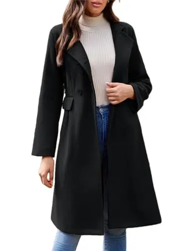 Produktbild: GRACE KARIN Damen Business Jacke Einfarbig Winter Herbst Coat V-Ausschnitt Stehkragen Wintermantel Elegante A-Linie Festliche Overcoat mit Taschen Schwarz S