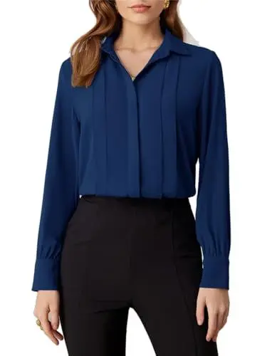 Produktbild: GRACE KARIN Damen Elegante Chiffon Bluse Langarm Büroblusen Reverskragen Sommer Blusenshirt Plisse Slim Fit Shirt Freizeit Oberteile Dunkelblau M