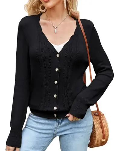 Produktbild: GRACE KARIN Damen Casual Knitted Cardigan Langarm V-Ausschnitt Strickjacke Lässig Strick Oberteil Schwarz L