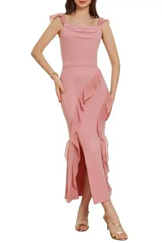 Produktbild: GRACE KARIN Damen Hoher Taille Ärmellose Partykleid Wickelkleid Mit Schlitz Vorne Cocktailkleid Leder Rosa Größe 38