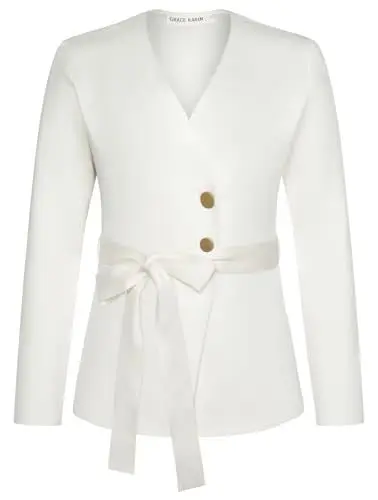 Produktbild: GRACE KARIN Damen 2024 Einfarbige Strickjacke Retro V-Ausschnitt Knopf Strickjacke Elegant Büro Jacke mit Gürtel Langarm Warme Jacke Herbst Winter Jacke Beige S