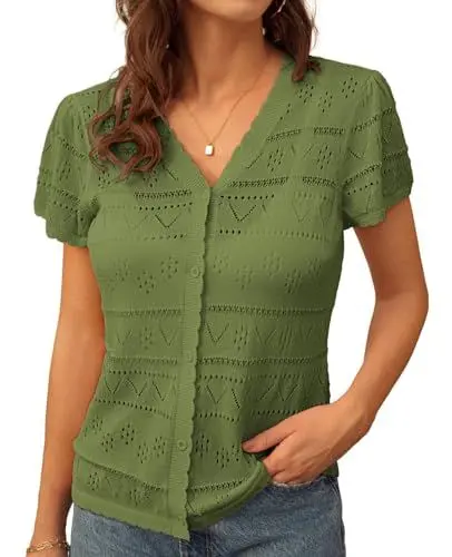 Produktbild: GRACE KARIN Damen Leicht Kurzarm V-Neck Strickjacke Elegant Sommer Strick Tops mit Knopf Grün S