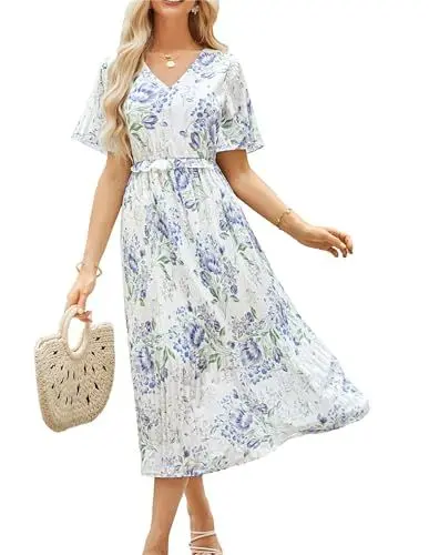 Produktbild: GRACE KARIN Damen Elegant Brautjungfernkleider Plissiert Blumenkleid Boho Fließende Freizeitkleid High Waist Midikleid Romantisch Hochzeitkleid Lila L