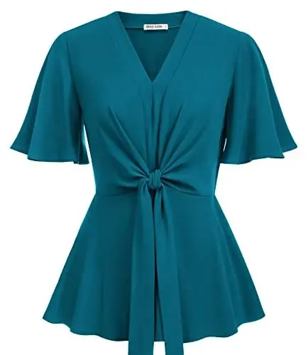 Produktbild: GRACE KARIN Damen Elegant Oberteile Tops Kurze Glockenärmel V-Ausschnitt Bluse A-Linie Elastische Taille Casual Shirts Rüschen Bluse CL2108S23