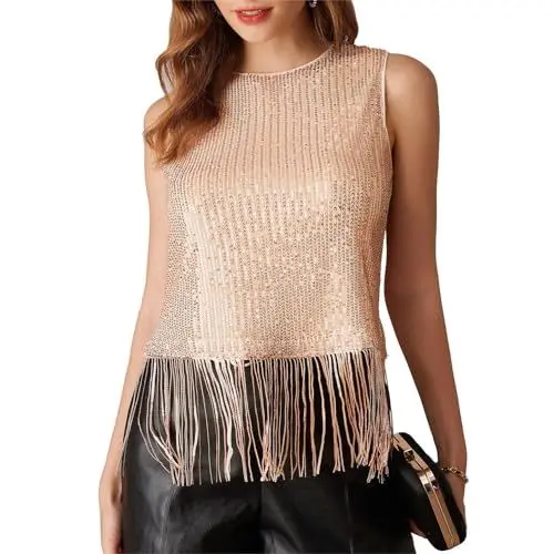 Produktbild: GRACE KARIN Damen Pailletten Oberteil Mit Fransen Glitzer Party Tops Festliches Outfit Roségold S