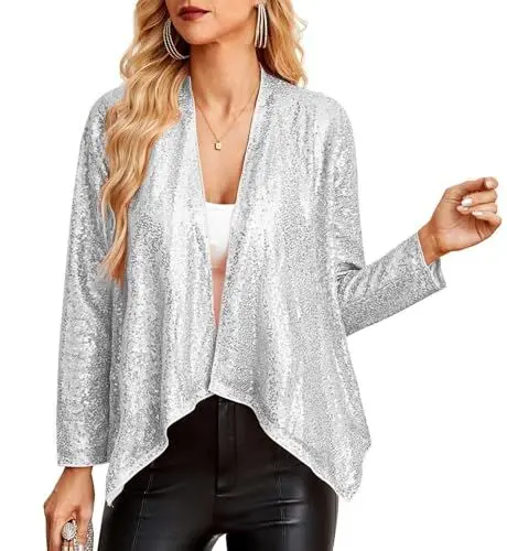 Produktbild: GRACE KARIN Damen Pailletten Glizer Blazer Festliche Langarm Bolerojacke Kurze Leichte Schulterjacke Retro Cocktail Shrug für Party Club Silber Weiß M