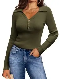 Produktbild: GRACE KARIN Damen Eleganter Langarmshirt mit Reverskragen V-Ausschnitt Stretch Dünner Pullover Bluse Olivgrün M