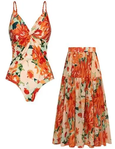 Produktbild: GRACE KARIN Damen Einteilige Badeanzug Monokini Eleganter Straps Badeanzug Zweiteiliger Badeanzug mit V Ausschnitt 2Pcs Set Tummy Control Badeanzüge Orange XL