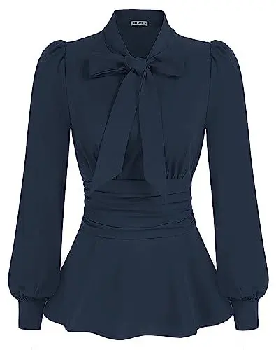 Produktbild: Damen Büro Fliege Bluse Puffärmel Schößchen Dressy Shirt Damen Langarm Elegant Blusen Dunkelblau S