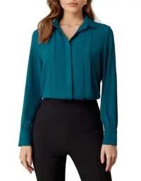 Produktbild: GRACE KARIN Damen Elegante Chiffon Bluse Langarm Büroblusen Reverskragen Sommer Blusenshirt Plisse Slim Fit Shirt Freizeit Oberteile Pfauenblau M