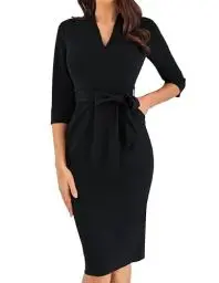 Produktbild: GRACE KARIN Midi Kleider für Damen 3/4-Ärmel V-Ausschnitt Figurbetontes Kleid mit Gürtel Hohe Taille Elegantes Etuikleid mit Gürtel Vintage-Abendkleid XL Schwarz