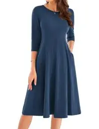 Produktbild: Swing Kleid Damen A-Linie Langarm Plisseekleid Elegant Büro Freizeitkleid Casual XXL Marineblau -2